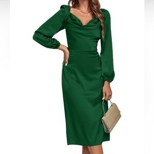EUC Cowl Neck Long Sleeve Midi Dress Dark Green Size L